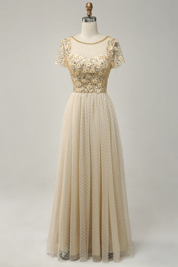 Apricot Tulle A Line Sequins Formal Dress with Appliques